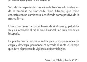 Un administrativo de la empresa de transporte Don Alfredo, dio positivo de Coronavirus.