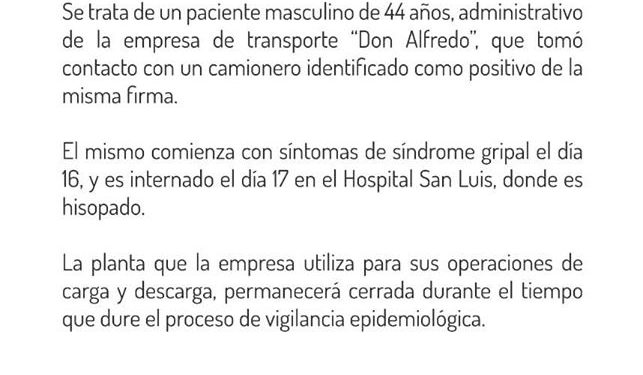 Un administrativo de la empresa de transporte Don Alfredo, dio positivo de Coronavirus.