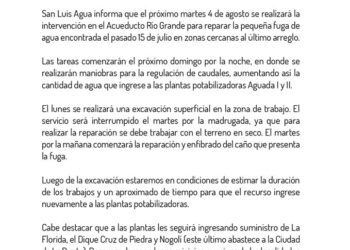 Este martes será la reparación del Acueducto Rio Grande. Se pide extremar el cuidado en el uso del agua potable.