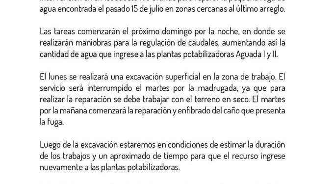 Este martes será la reparación del Acueducto Rio Grande. Se pide extremar el cuidado en el uso del agua potable.
