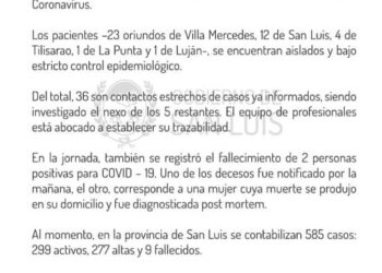 41 casos nuevos de Coronavirus en la provincia.  No hay nuevos casos en Juana Koslay