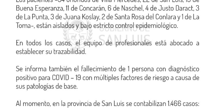 99 casos nuevos de Coronavirus en San Luis. 3 suma Juana Koslay