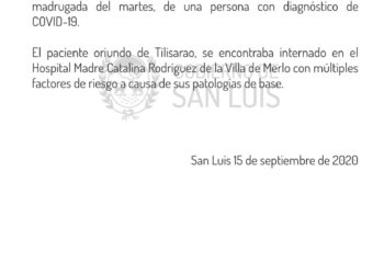 Un nuevo fallecido por Coronavirus en San Luis. Se trata de un paciente oriundo de Tilisarao