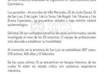 87 casos positivos nuevos de Coronavirus. No hay casos nuevos para Juana Koslay