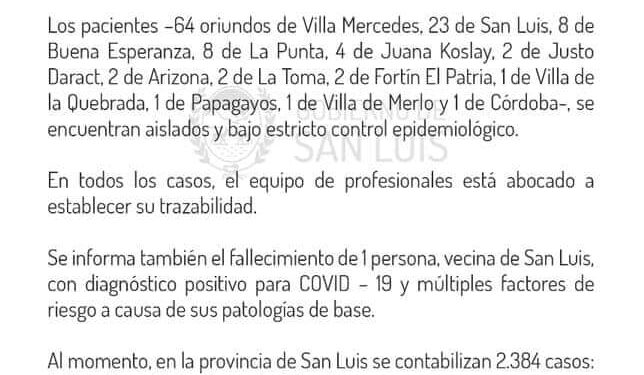 119 casos nuevos de Coronavirus. 4 corresponden a nuestra ciudad de Juana Koslay