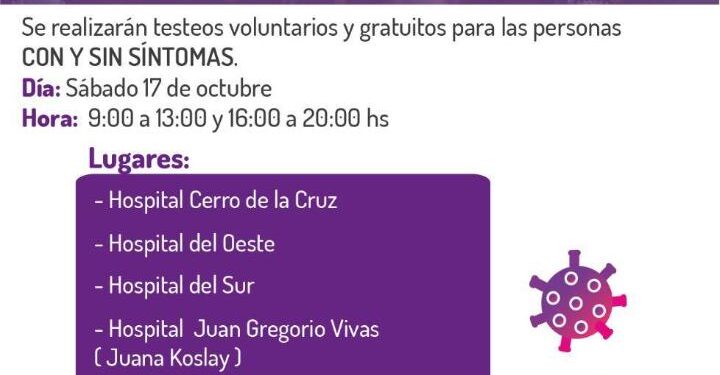 ATENCIÓN JUANA KOSLAY Este sábado realizarán un operativo de asesoramiento y TESTEO VOLUNTARIO GRATUITO para personas con o sin síntomas de COVID-19