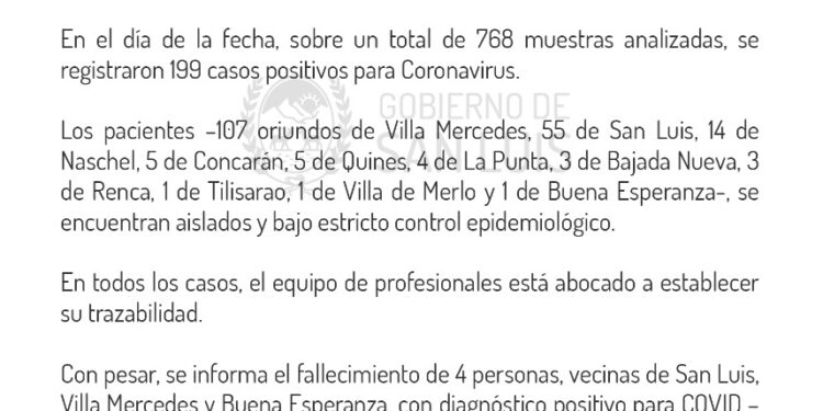 199 casos nuevos de Coronavirus. No hay nuevos casos para Juana Koslay