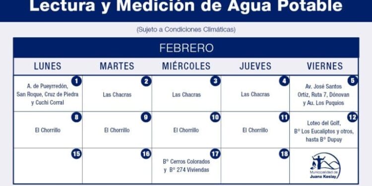 El municipio de Juana Koslay informa el cronograma de medición de agua mes de febrero