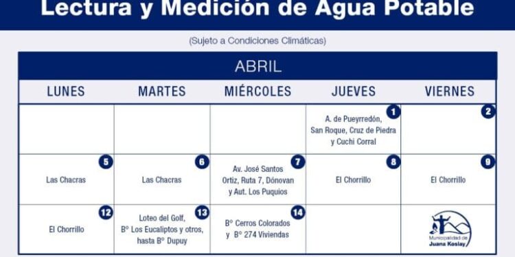 Cronograma del mes de abril para la toma de lecturas en los medidores domiciliarios de agua potable