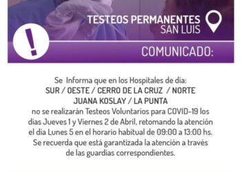 Este jueves 1 y viernes 2 de Abril no habrá realización de testeos para la detección de Covid-19