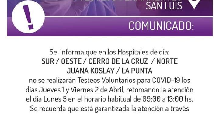 Este jueves 1 y viernes 2 de Abril no habrá realización de testeos para la detección de Covid-19