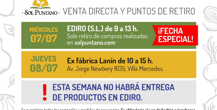 Por el feriado del 9 de julio, Sol Puntano modificó el cronograma de ventas directas y retiro de productos