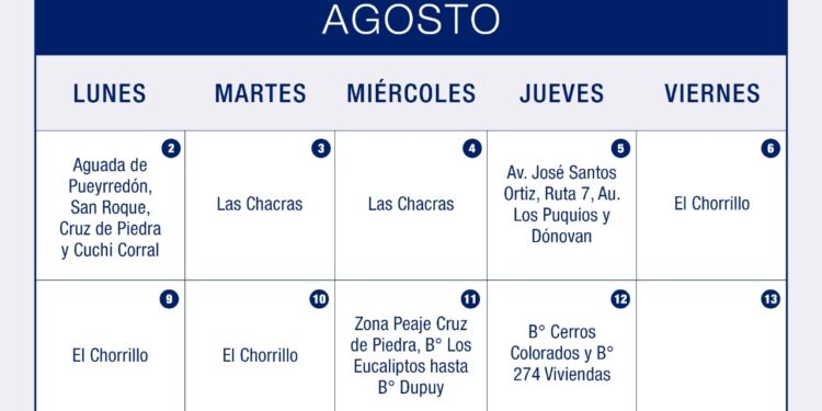 Cronograma de agosto de lectura y medición de agua potable