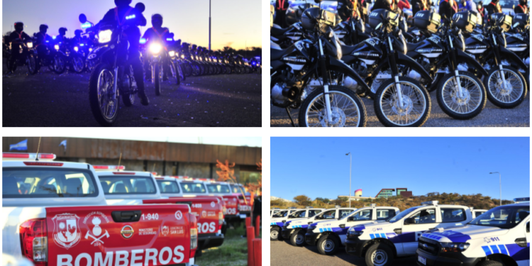La policía sumó 116 vehículos nuevos. Bomberos y San Luis Solidario también recibieron nuevas unidades bomberos y San Luis Solidario