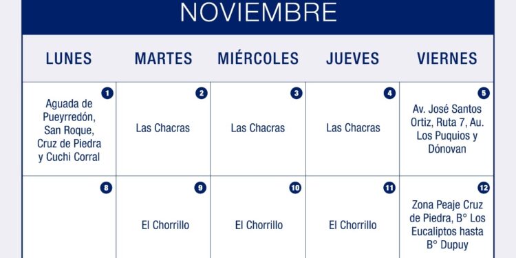 Cronograma de lectura y medición de agua potable del mes de noviembre