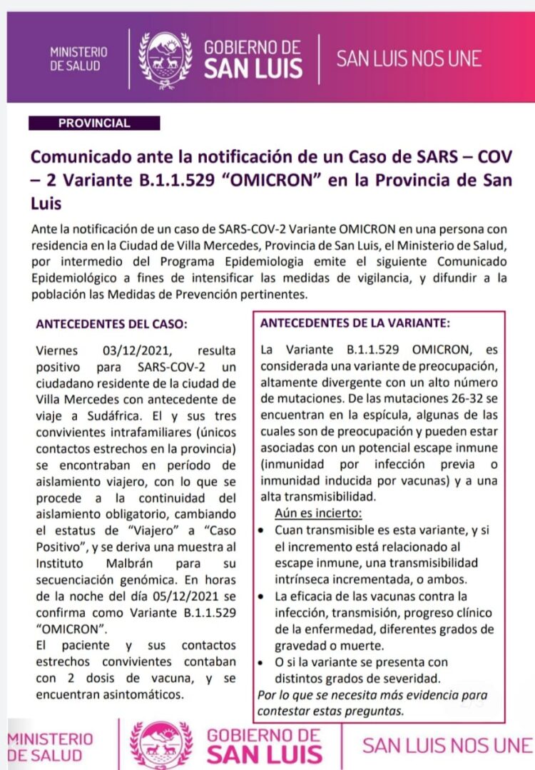 Confirmaron un caso de la variante Ómicron en un residente de la provincia: es el primer caso del país
