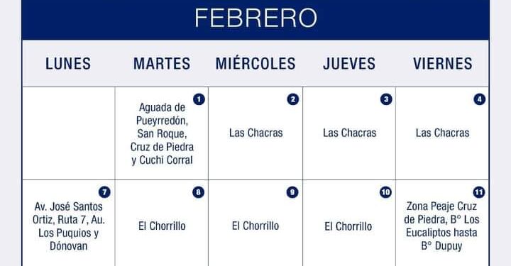 Cronograma de lectura y medición de agua potable del mes de Febrero.