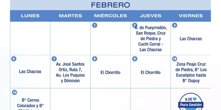 Cronograma de lectura y medición de agua potable del mes de Febrero