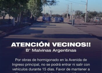 Por 15 días no se podrá ingresar con vehículos en el acceso al barrio Malvinas Argentinas