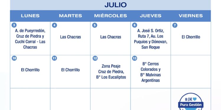 Cronograma de lectura y medición de agua potable del mes de julio.