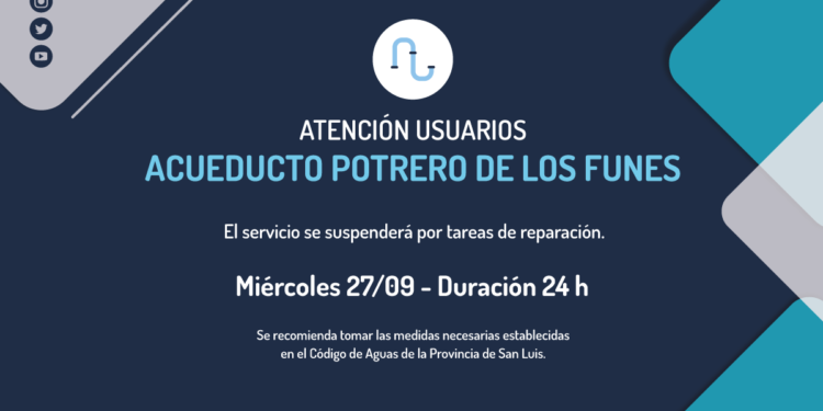 Por tareas de mantenimiento, suspenderán el servicio del Acueducto Potrero de los Funes