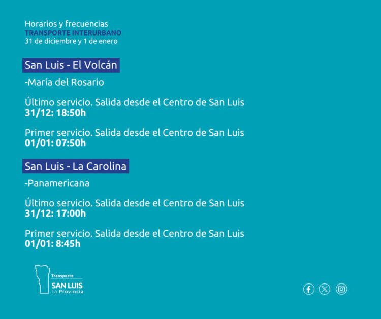 Horarios y frecuencias del interurbano para este 31 de diciembre y 1° de enero
