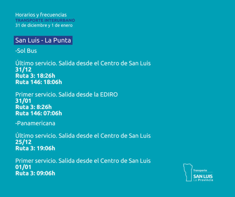 Horarios y frecuencias del interurbano para este 31 de diciembre y 1° de enero