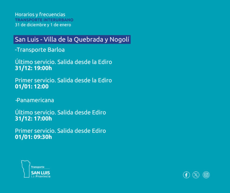 Horarios y frecuencias del interurbano para este 31 de diciembre y 1° de enero
