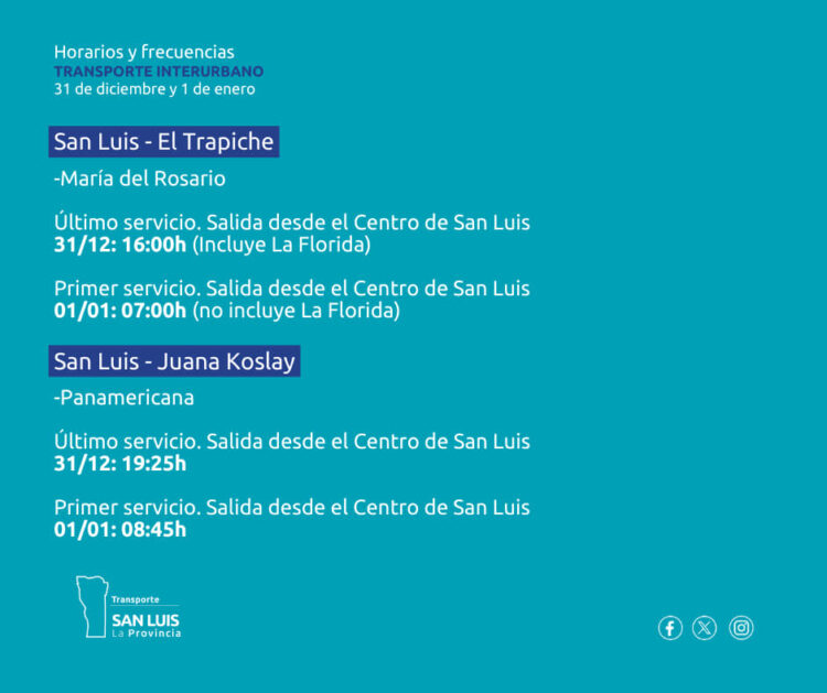 Horarios y frecuencias del interurbano para este 31 de diciembre y 1° de enero