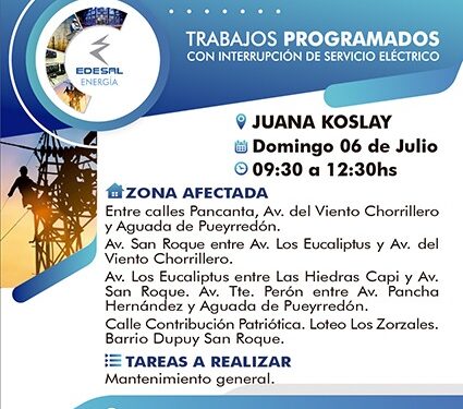 Atención: Corte programado del servicio eléctrico este domingo en Juana Koslay