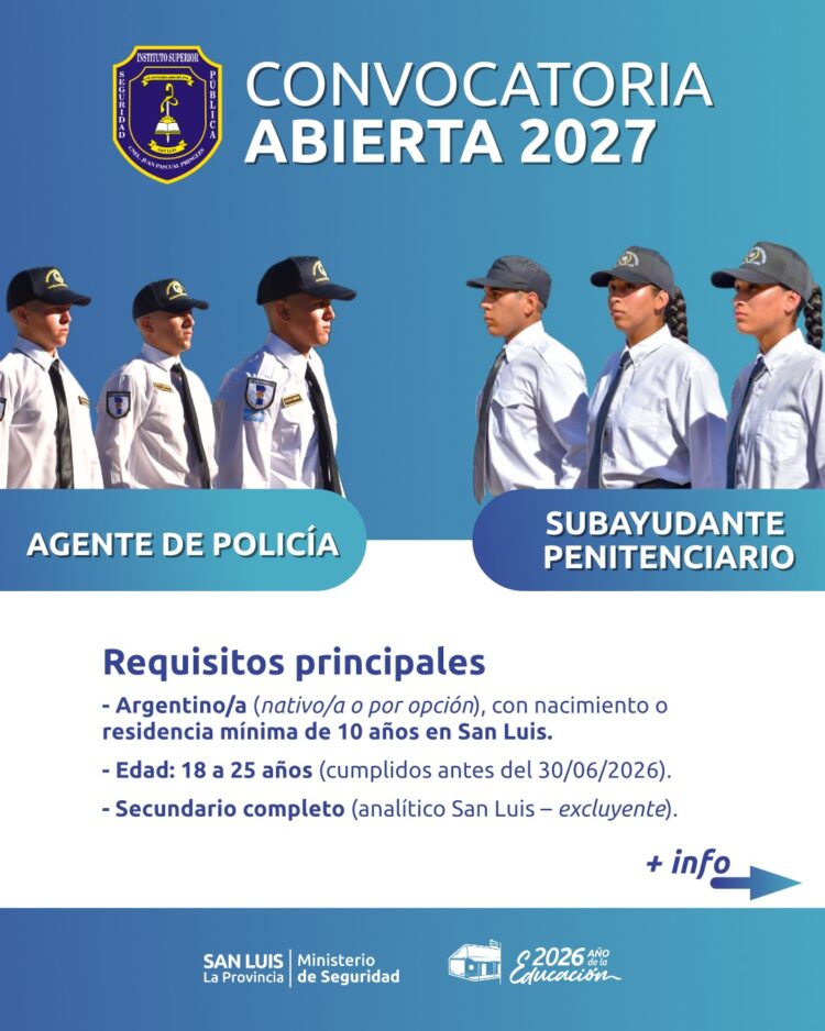 Abren la convocatoria 2027 para ingresar a la Policía y al Servicio Penitenciario en San Luis