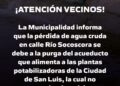 El municipio de Juana Koslay informa sobre pérdida de agua en calle Río Socoscorra