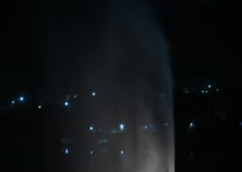 Inauguran una fuente en forma de flor en el lago Potrero de los Funes